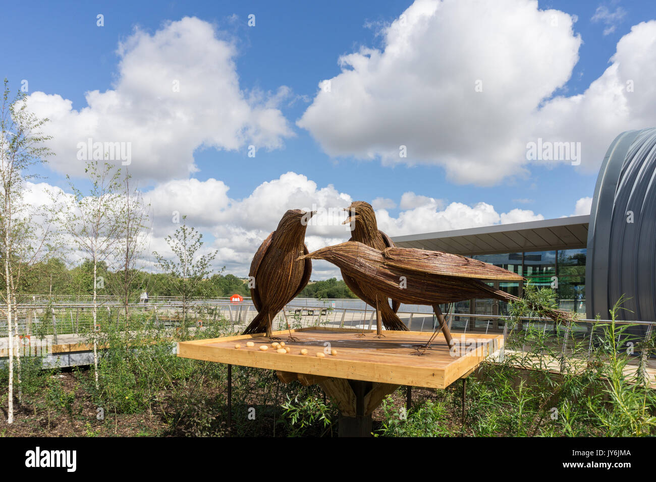 Bird sculpture made of cane at Rushden Lakes, Northamptonshire, UK; it celebrates the connection between the shopping centre and the nature reserve Stock Photo