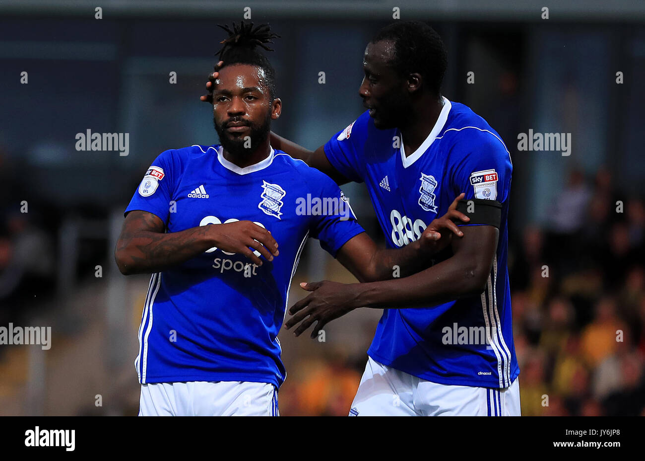 Birmingham City's Jacques Maghoma (left) celebrates with team-mate Cheikh N'Doye after scoring his side's first goal during the Sky Bet Championship match at the Pirelli Stadium, Burton. Stock Photo