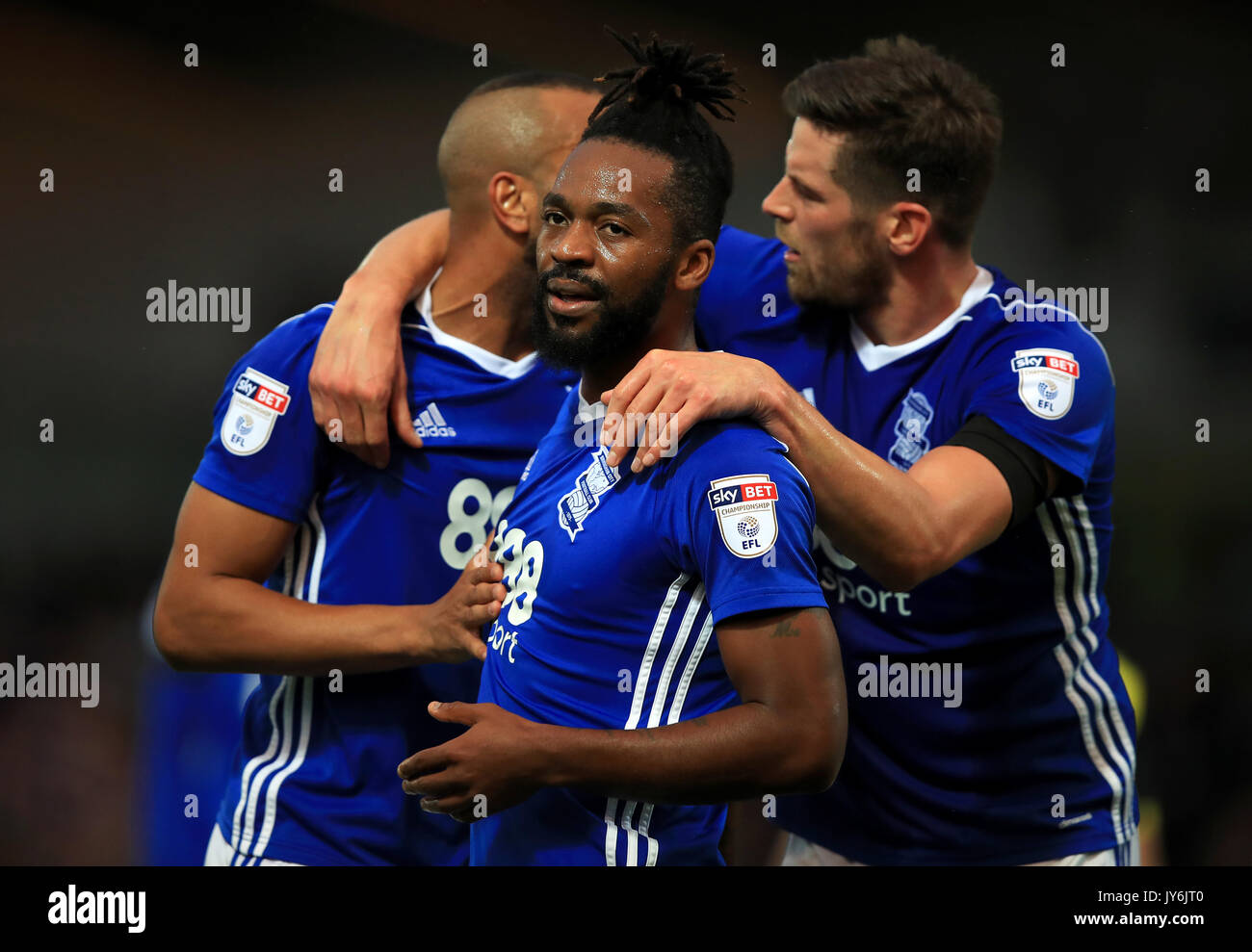 Birmingham City's Jacques Maghoma (centre) celebrates with his team-mates after scoring his side's first goal during the Sky Bet Championship match at the Pirelli Stadium, Burton. Stock Photo