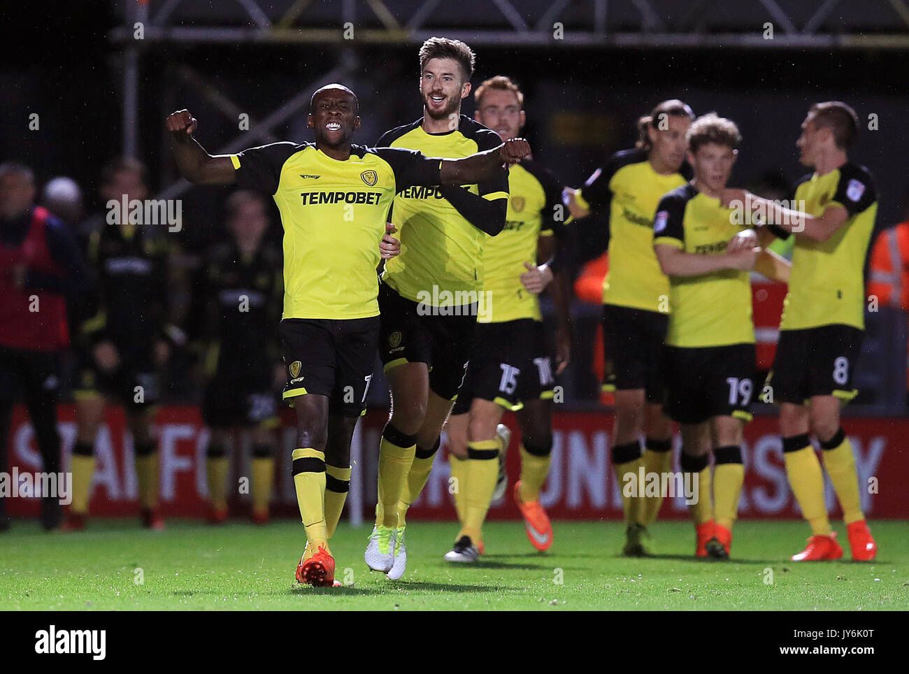 Burton Albion's Lloyd Dyer (left) celebrates scoring his side's second goal during the Sky Bet Championship match at the Pirelli Stadium, Burton. Stock Photo