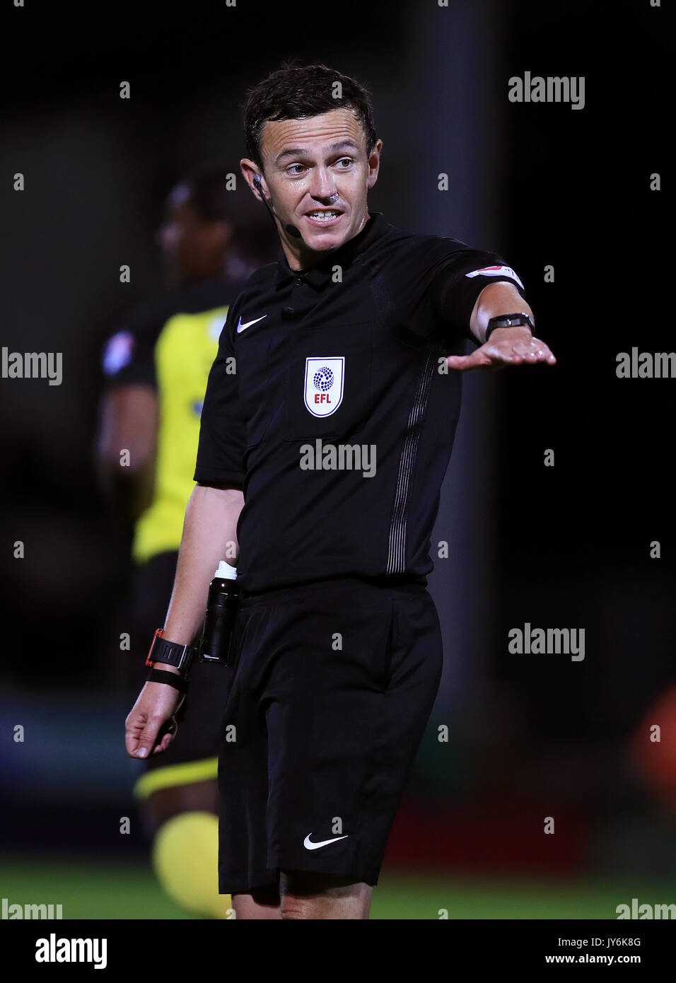 Match referee Tony Harrington during the Sky Bet Championship match at the Pirelli Stadium, Burton Stock Photo