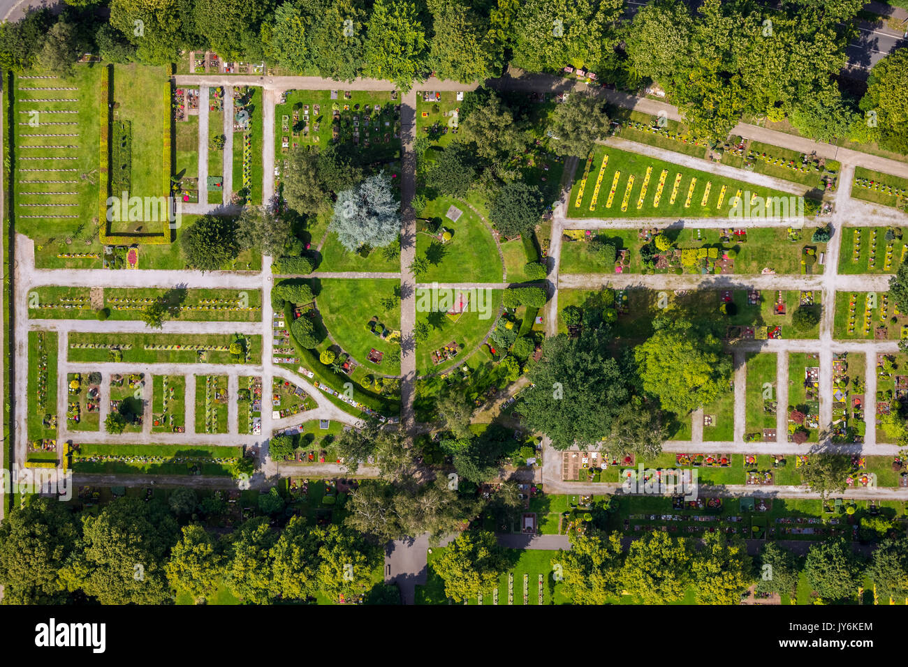 Cemetery urn graves, urn grave, flower beds, cemetery planting, Gladbeck, Ruhr area, North Rhine-Westphalia, Germany, Europe, Gladbeck, aerial view, a Stock Photo