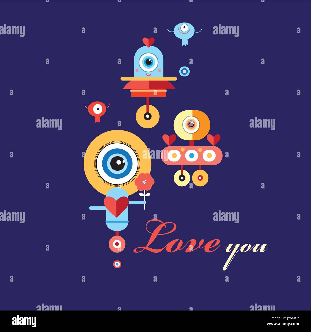 Vector greeting card with enamored robots Stock Vector