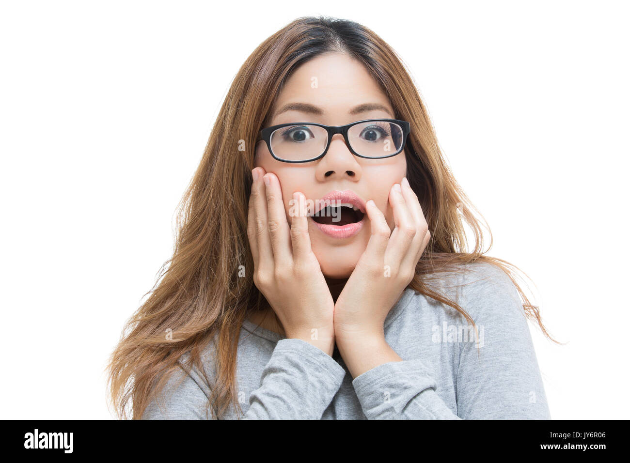 shocked asian woman isolated on white Stock Photo