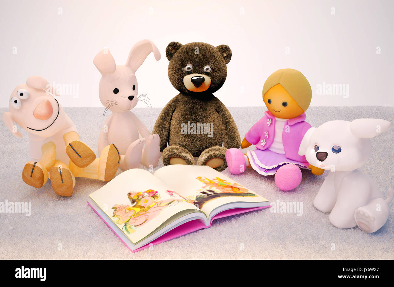 Baby toys and interesting book located on the carpet. Children education and development happy