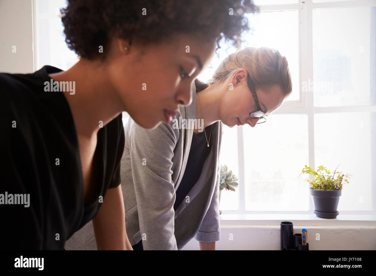 Two young businesswomen studying documents in an office Stock Photo