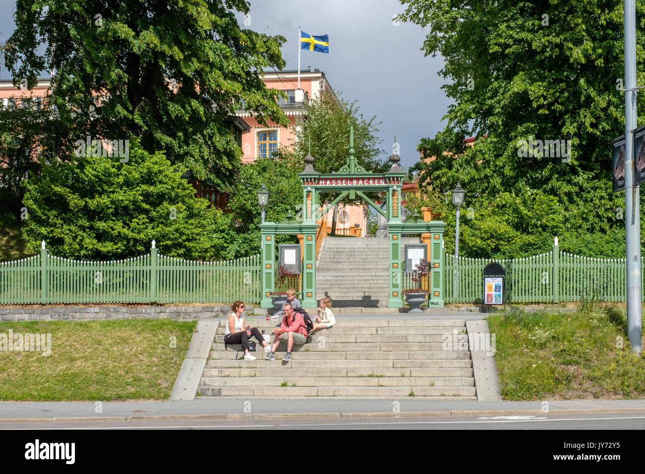 Hasselbacken at Djurgarden  in Stockholm. Djurgarden is a recreational area with historical buildings, monuments, amusement park and open-air museum. Stock Photo