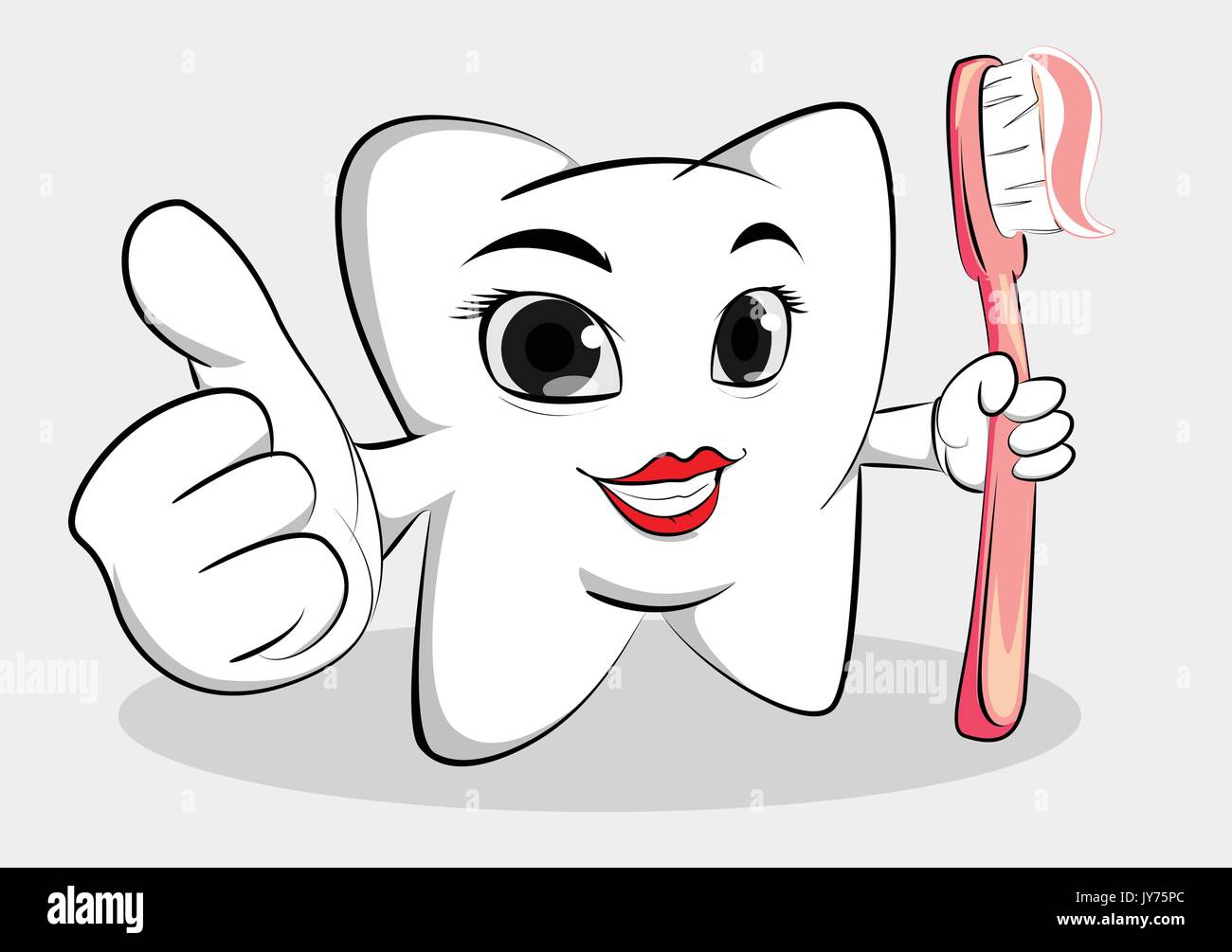 vector of dental tooth female mascot holding tooth brush and thumb up ,background is layered so its easy to change color Stock Vector