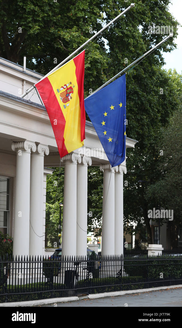 Flags fly at half mast outside the Spanish Embassy in London following