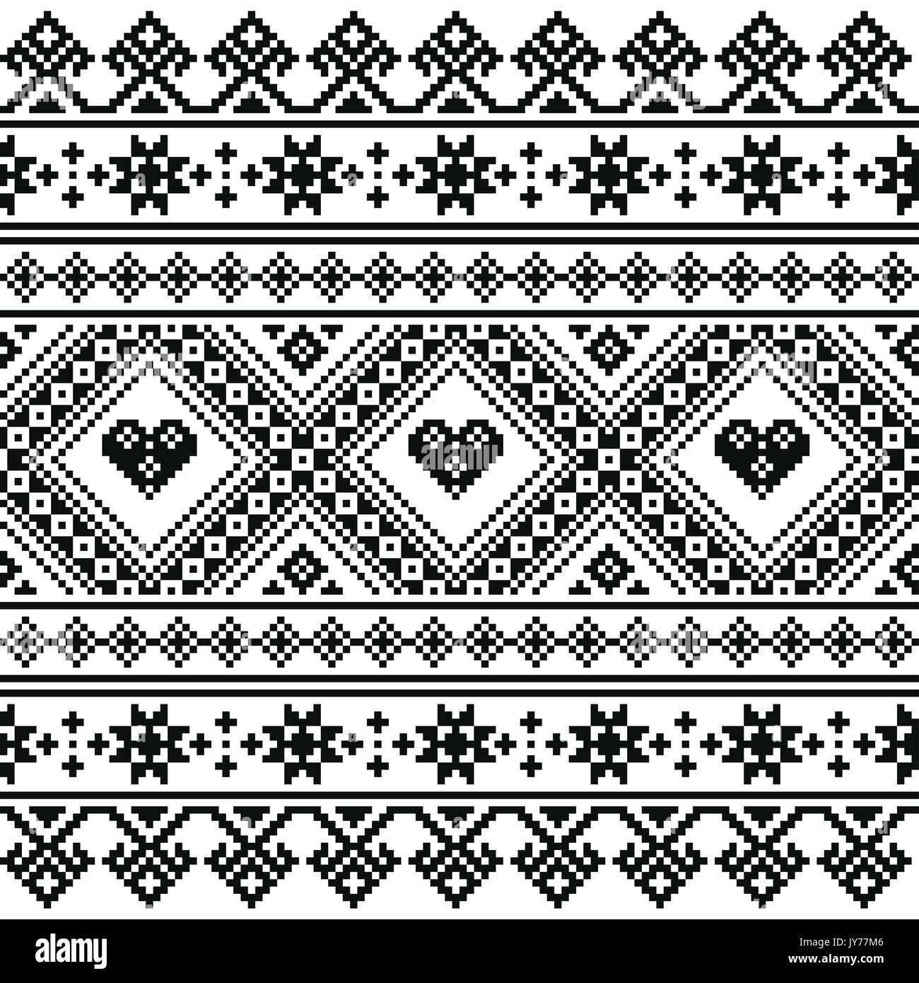 Traditional Ukrainian or Belarusian folk art knitted black embroidery pattern   Seamless monochrome design from Ukraine or Belarus on white background Stock Vector