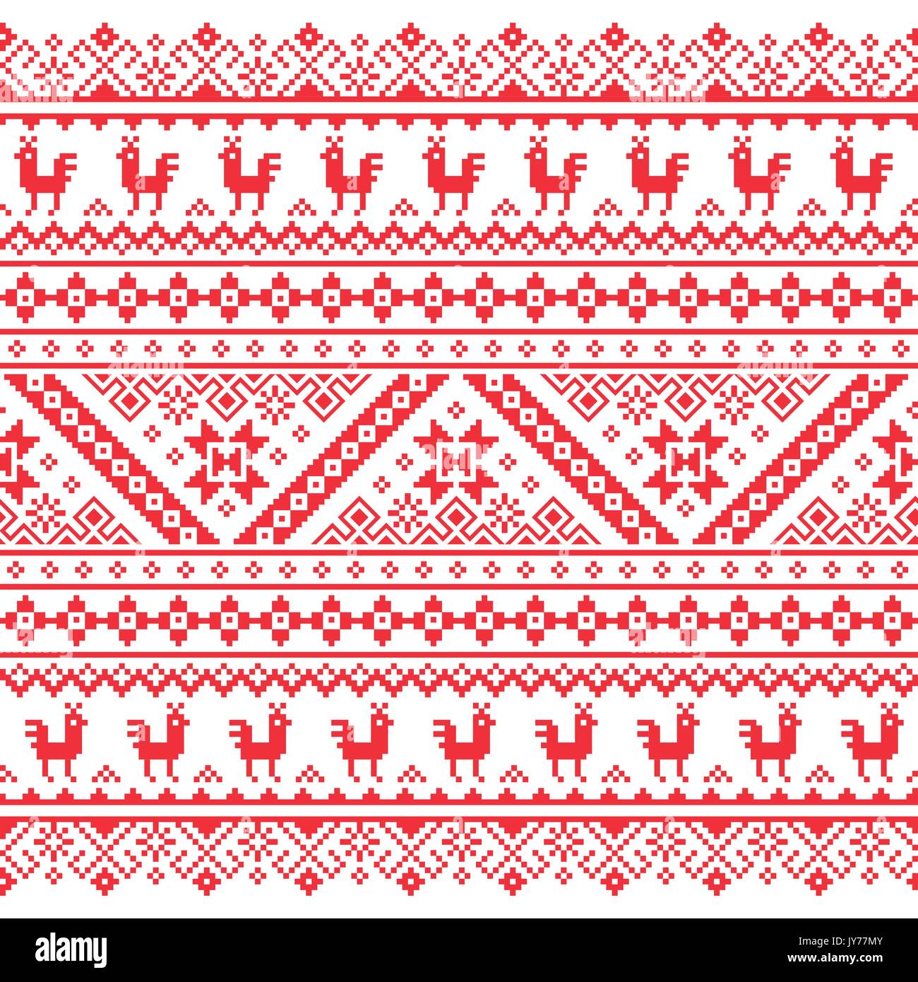 Ukrainian, Belarusian red embroidery seamless pattern - Vyshyvanka    Slavic folk art design on white from Eastern Europe Stock Vector
