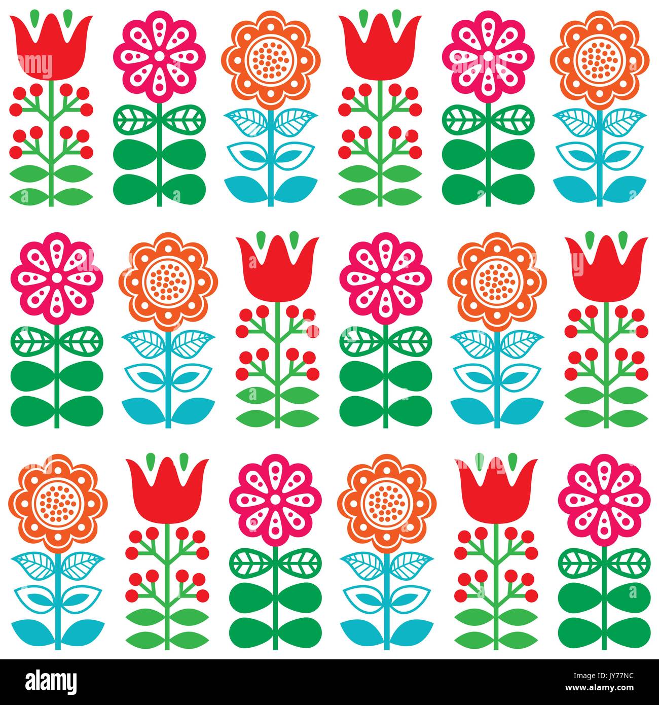Finnish inspired seamless folk art pattern - Scandinavian, Nordic style    Vector floral repetitive pattern with flowers on white background Stock Vector