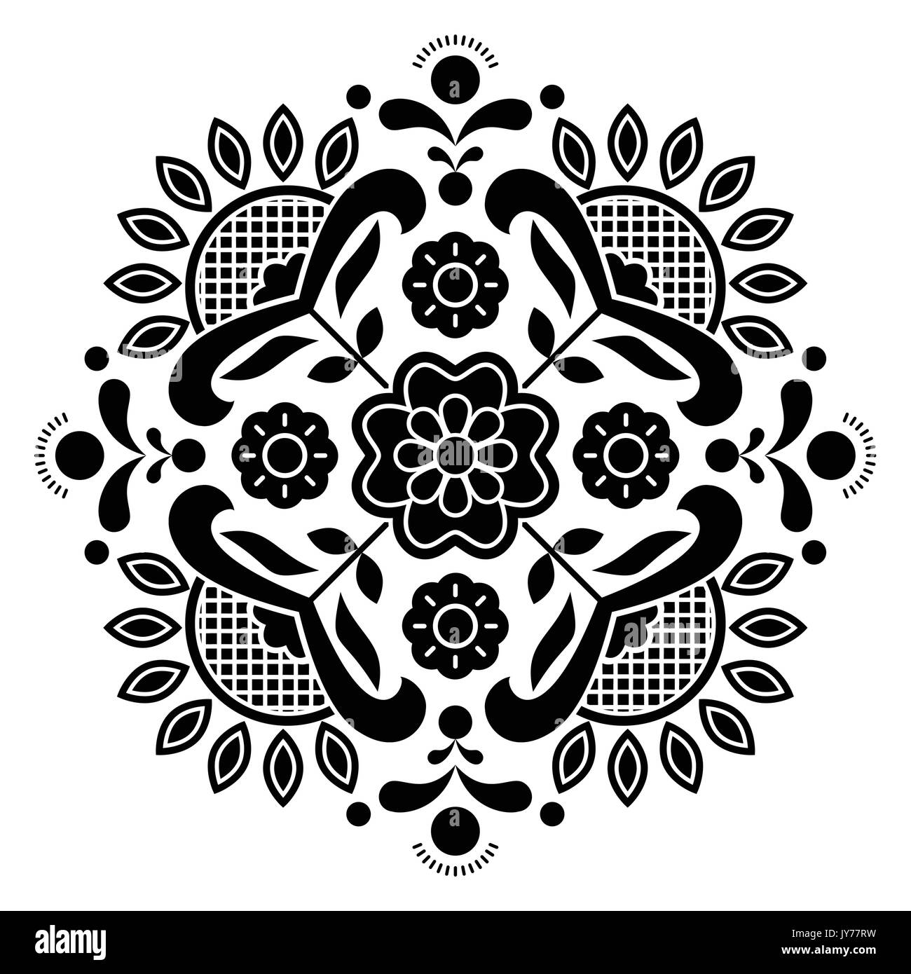 Norwegian black folk art Bunad pattern - Rosemaling style embroidery       Vector monochrome background of floral folk art from Norway isolated on whi Stock Vector