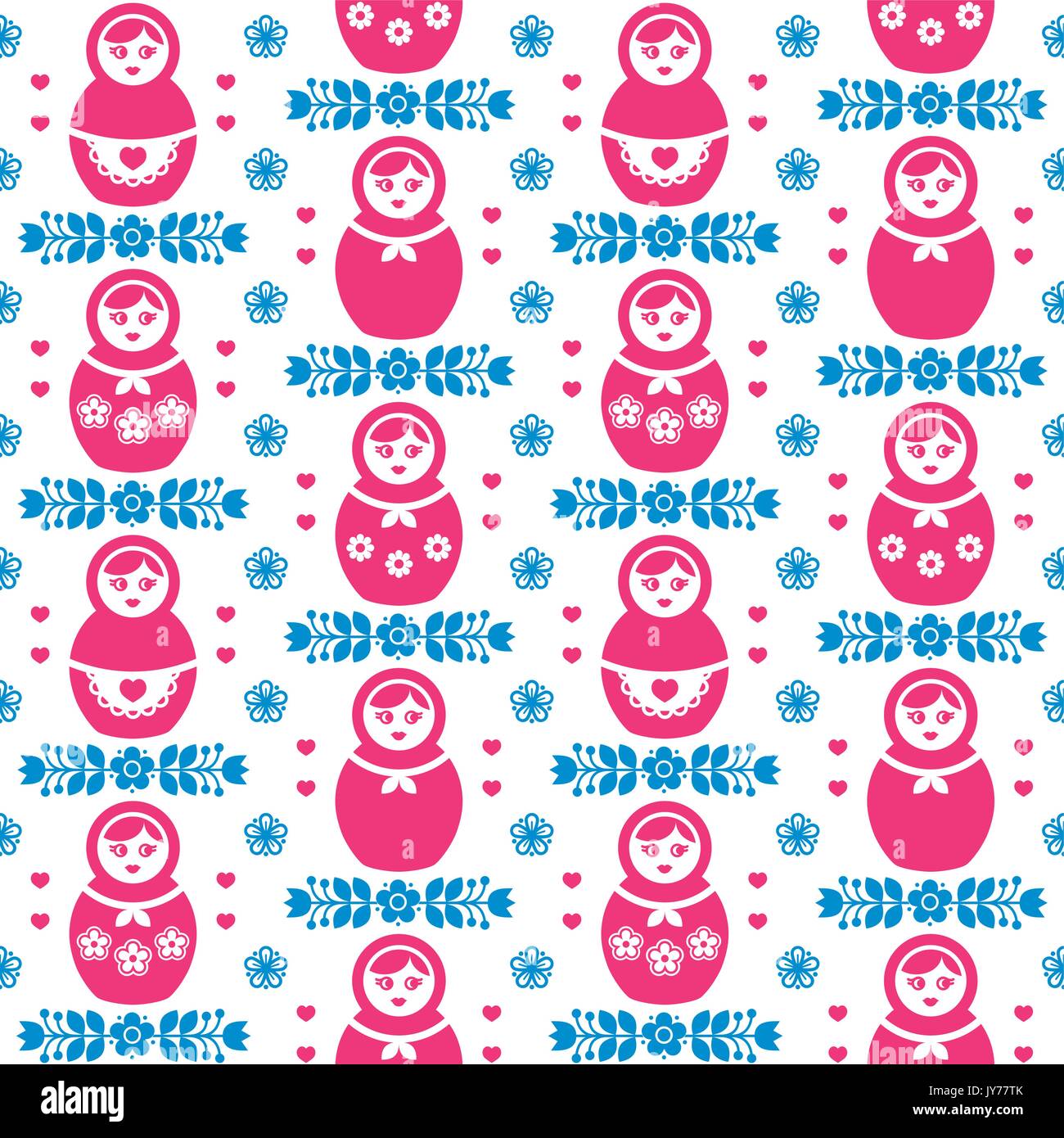 Russian doll Matryoshka folk art floral seamless pattern  Russian dolls retro repetitive pink and blue background with flowers Stock Vector