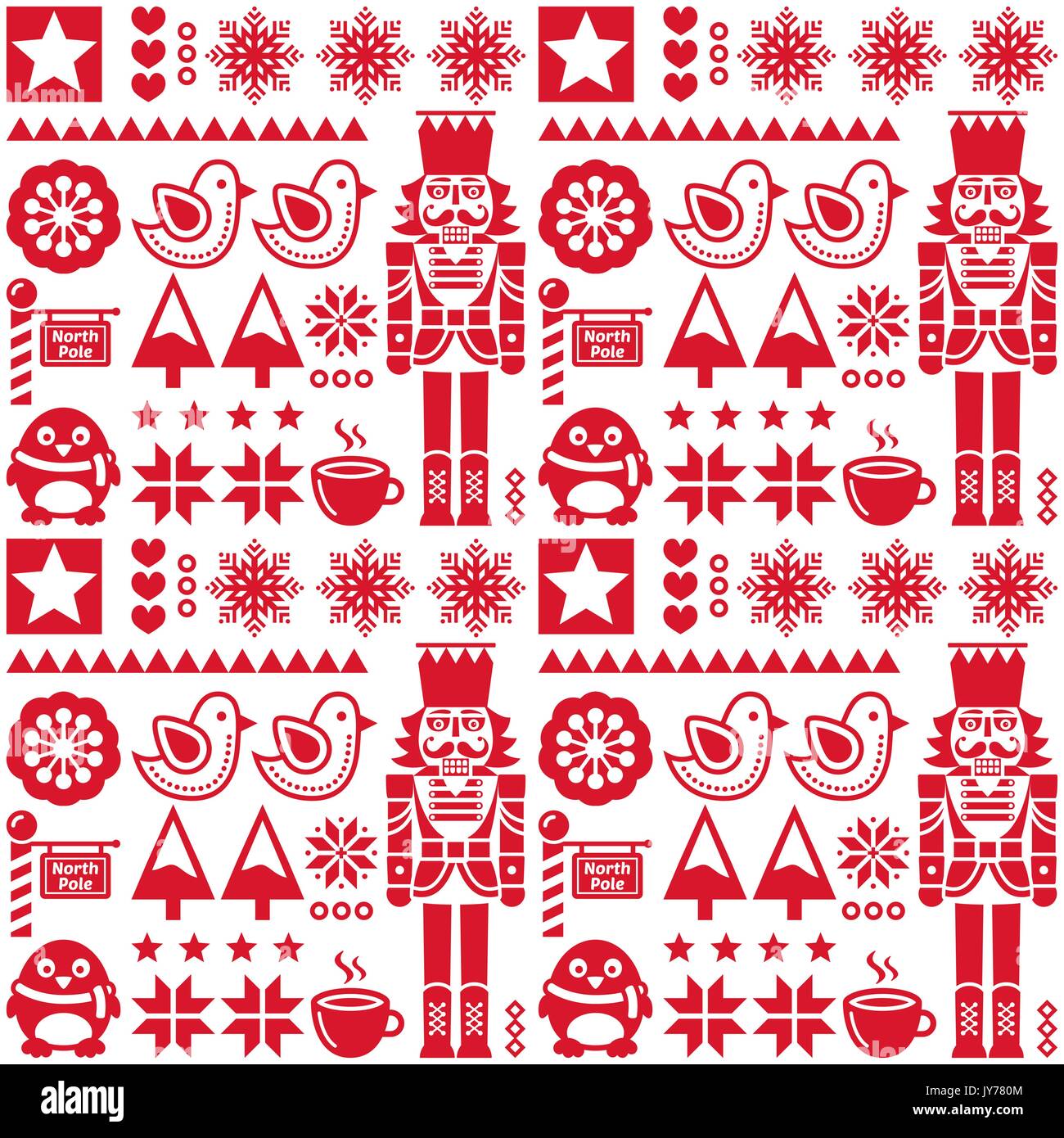Christmas seamless red pattern with nutcracker - folk art style     Retro style red Xmas or winter pattern - repetitive background, wallpaper Stock Vector