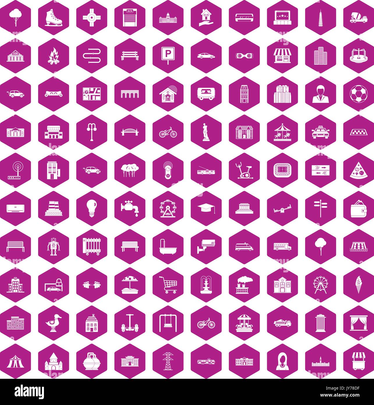 100 urban icons hexagon violet Stock Vector