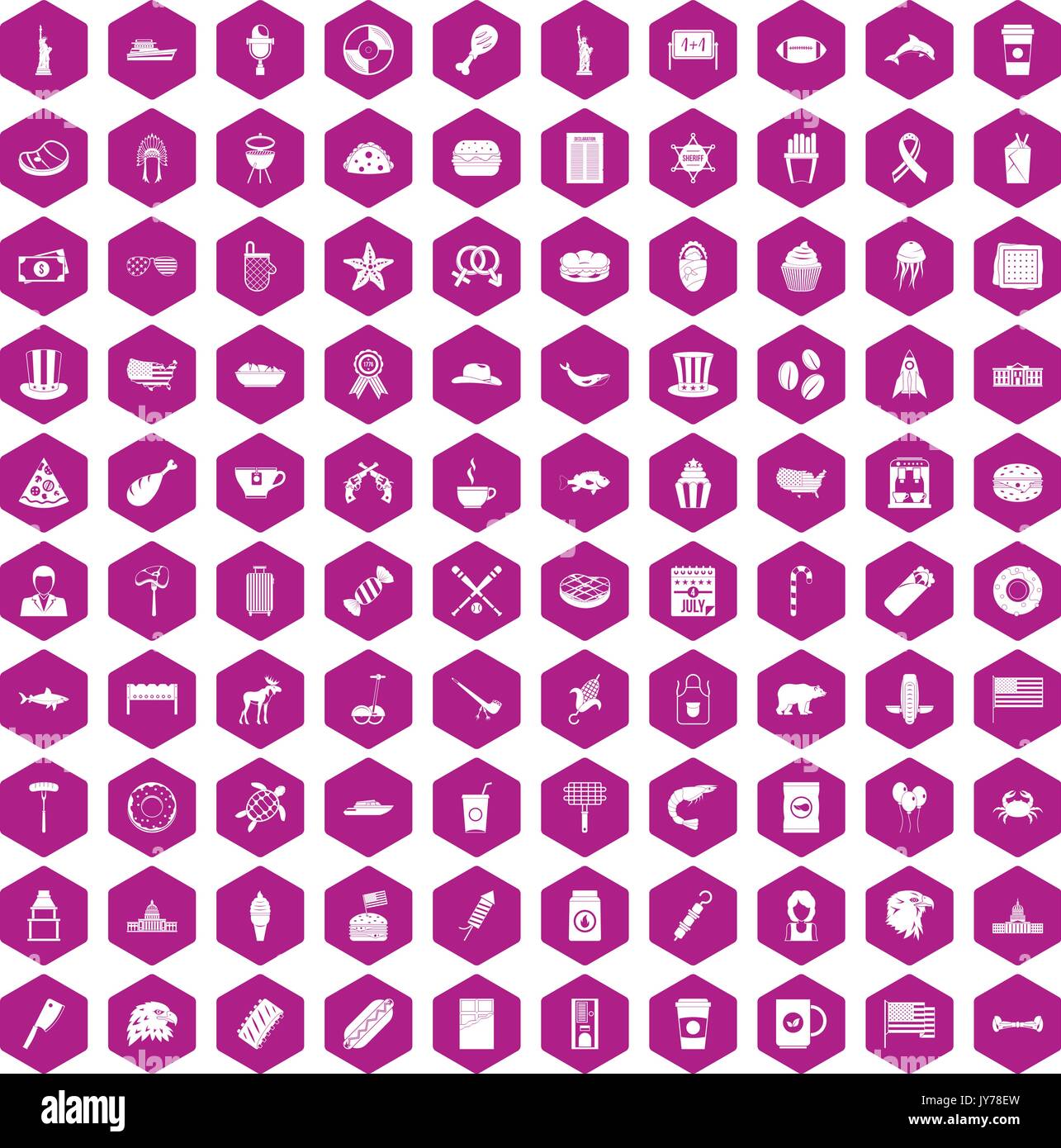 100 USA icons hexagon violet Stock Vector