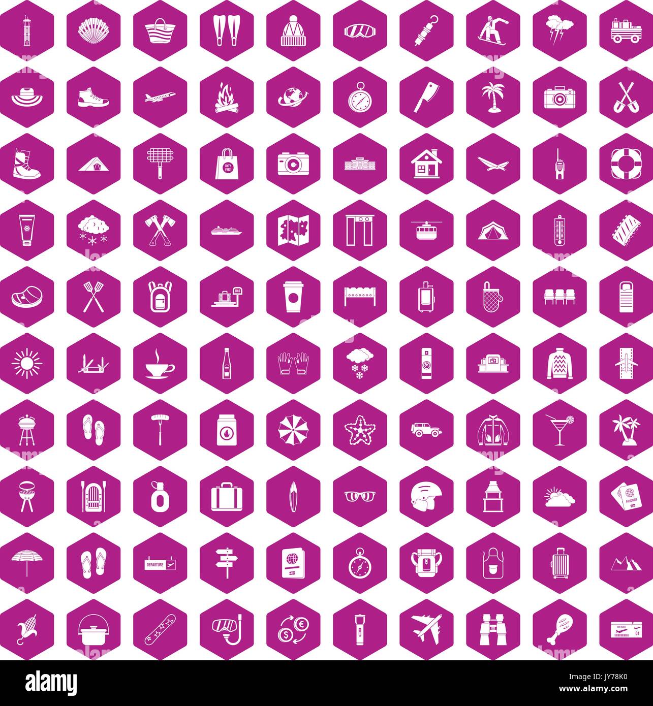 100 vacation icons hexagon violet Stock Vector