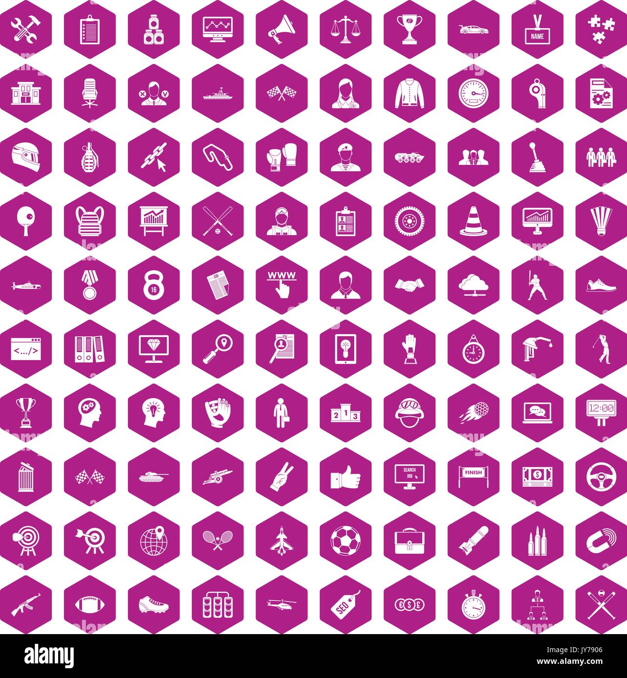 100 victory icons hexagon violet Stock Vector