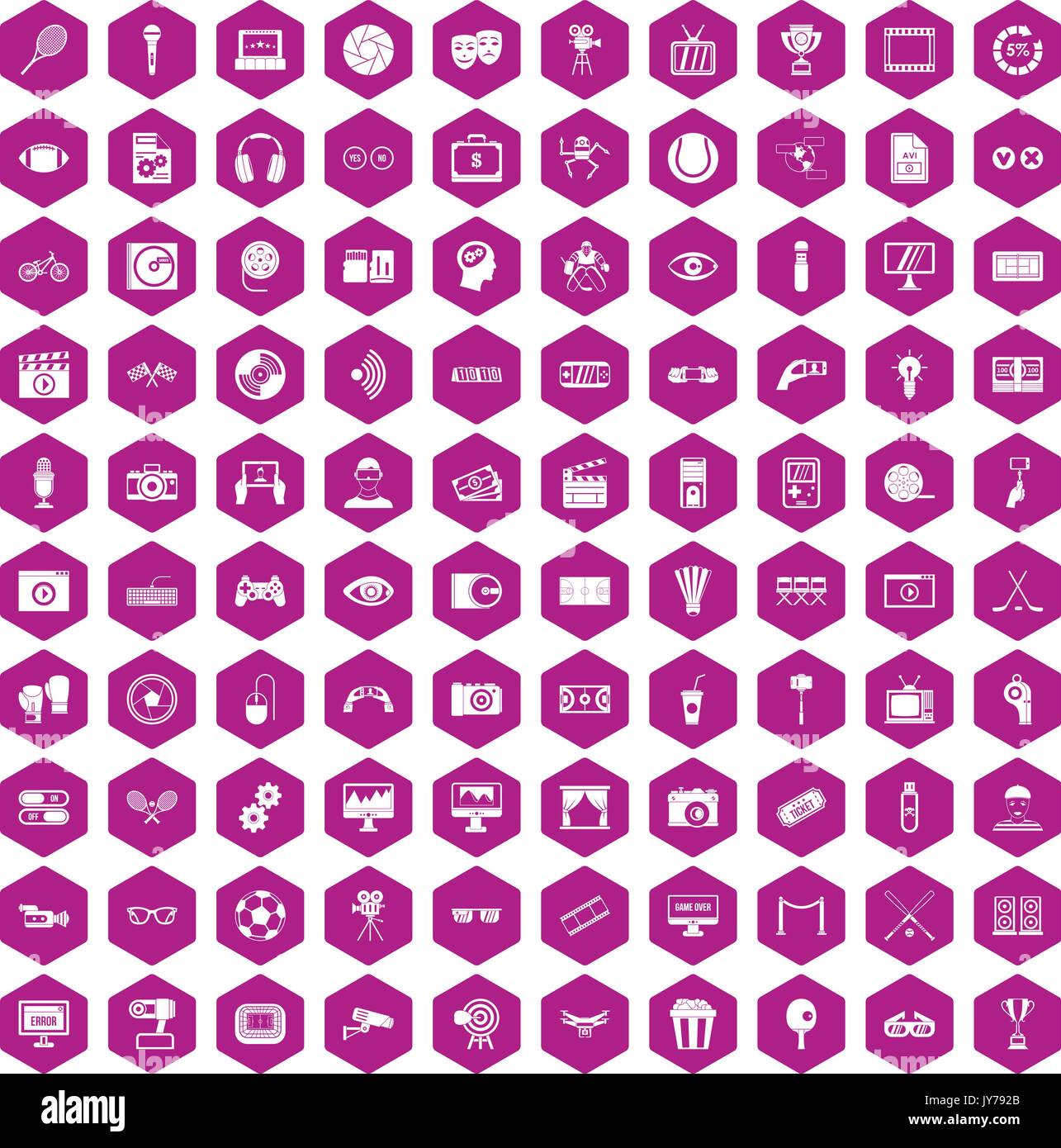 100 video icons hexagon violet Stock Vector