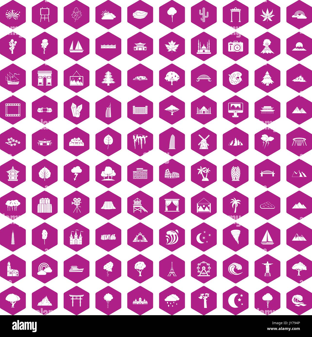 100 view icons hexagon violet Stock Vector