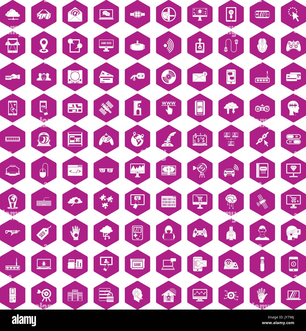 100 virtual icons hexagon violet Stock Vector