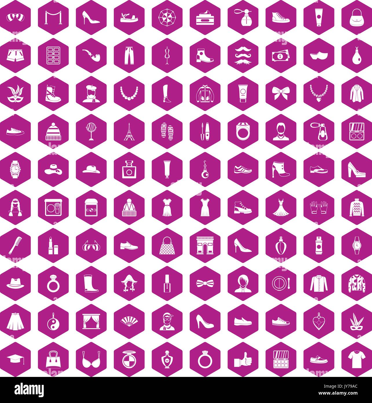 100 vogue icons hexagon violet Stock Vector