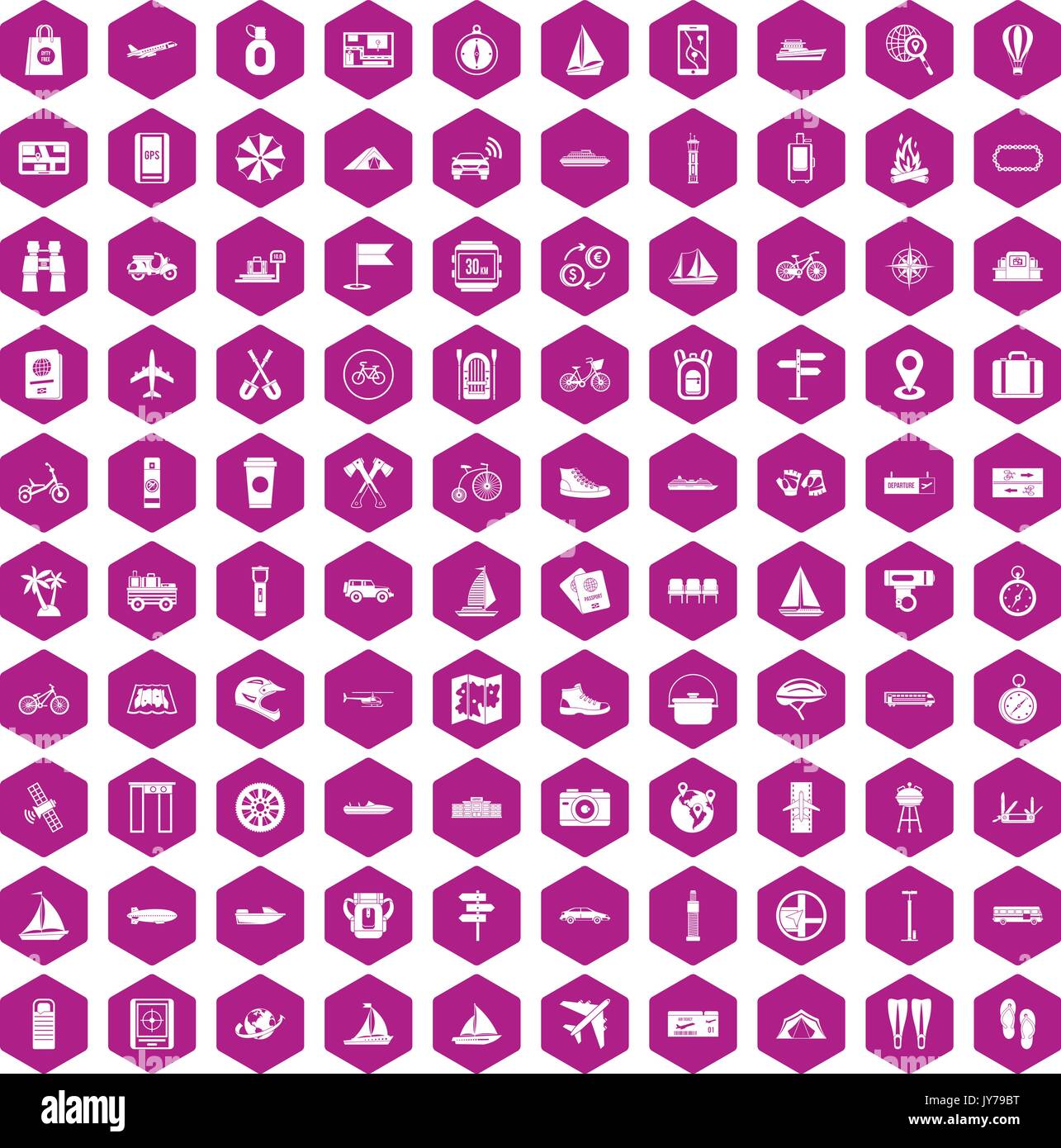 100 voyage icons hexagon violet Stock Vector