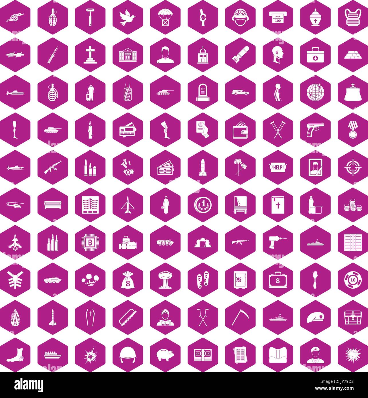 100 war crimes icons hexagon violet Stock Vector
