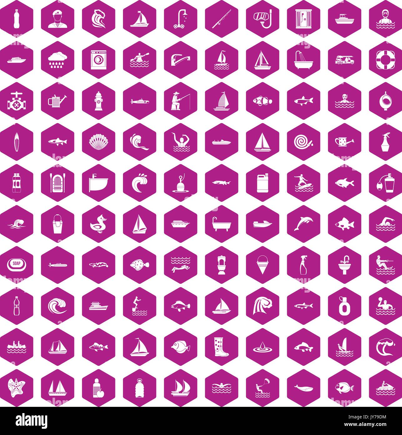 100 water icons hexagon violet Stock Vector