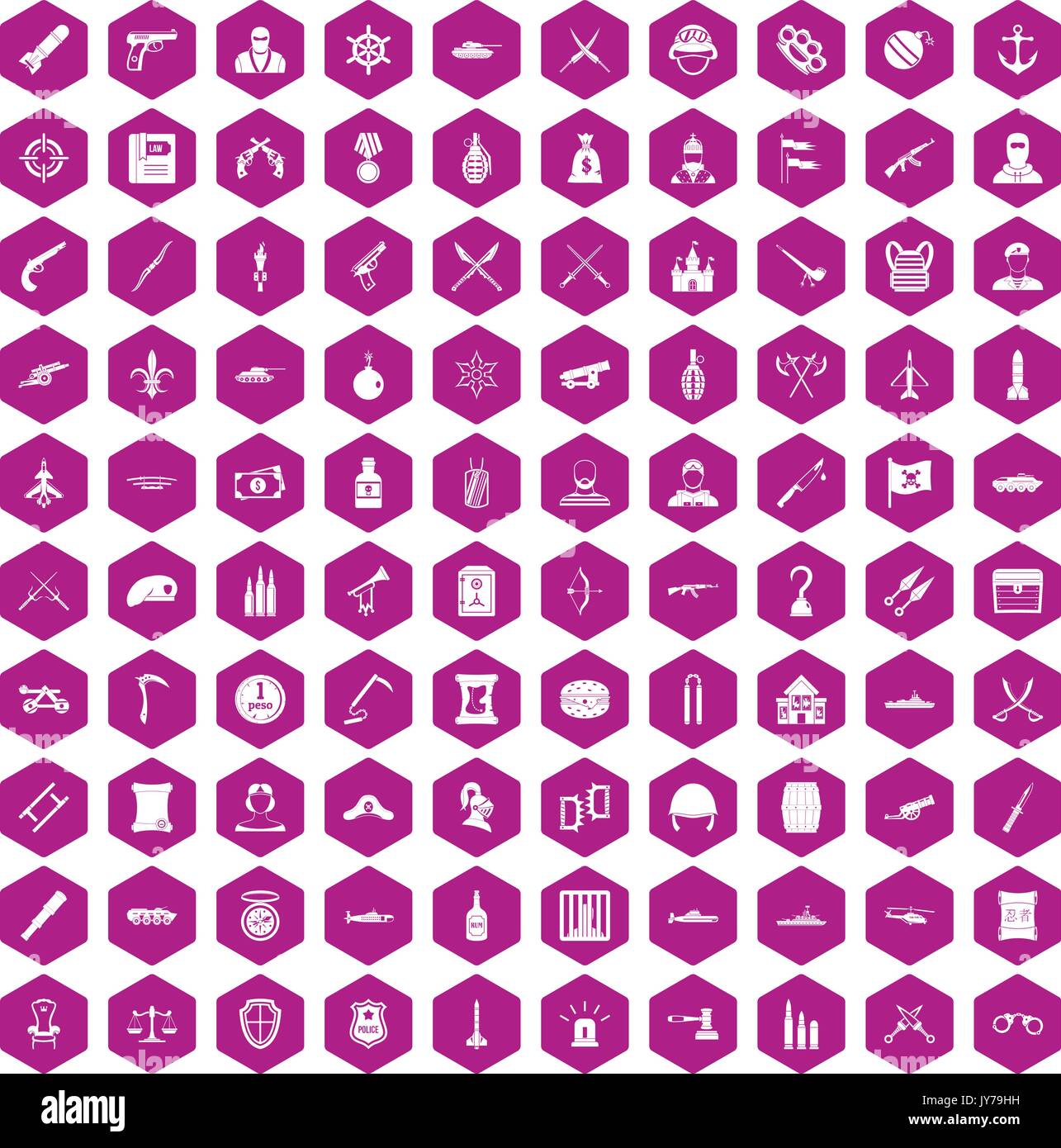 100 weapons icons hexagon violet Stock Vector