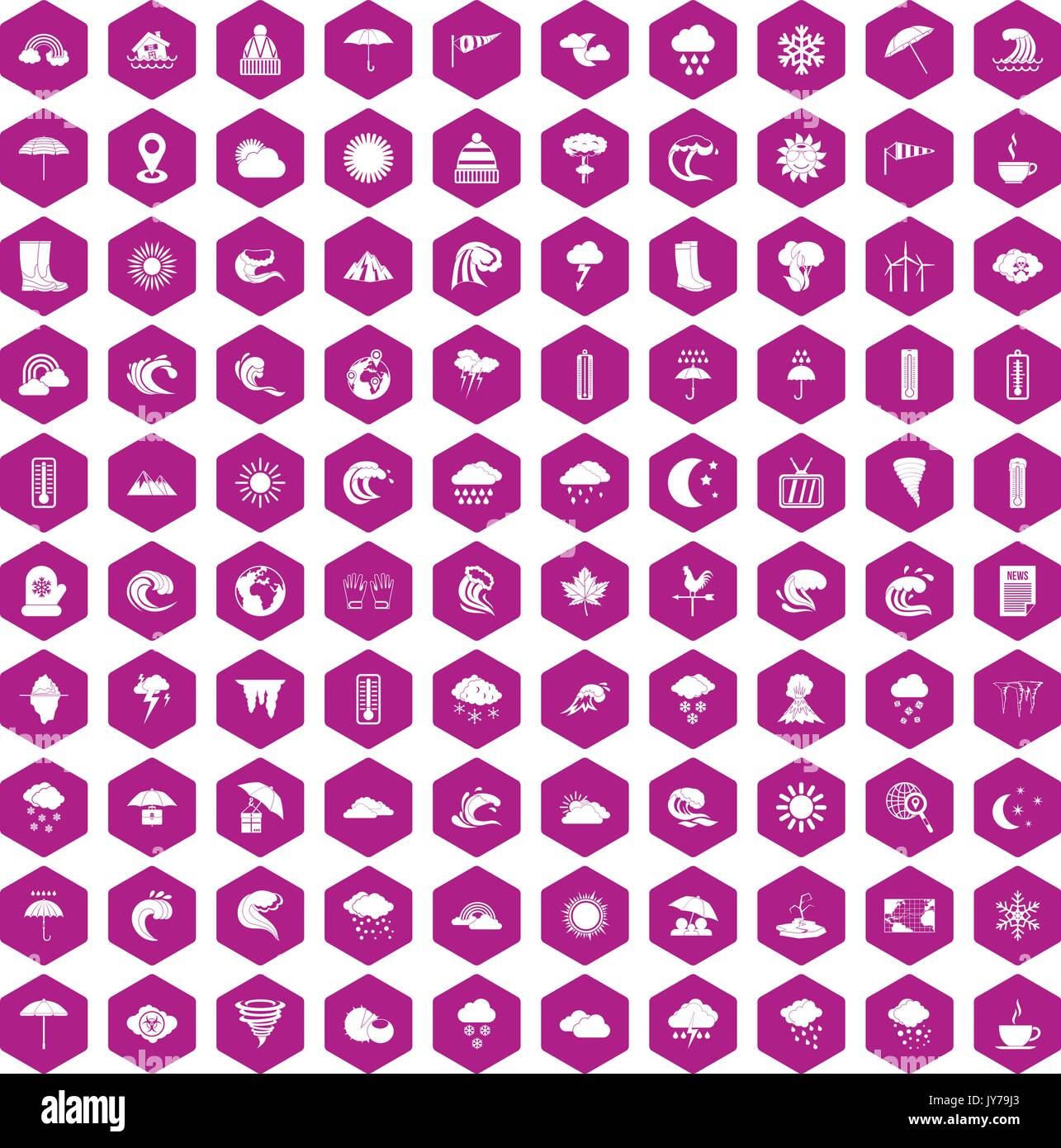 100 weather icons hexagon violet Stock Vector