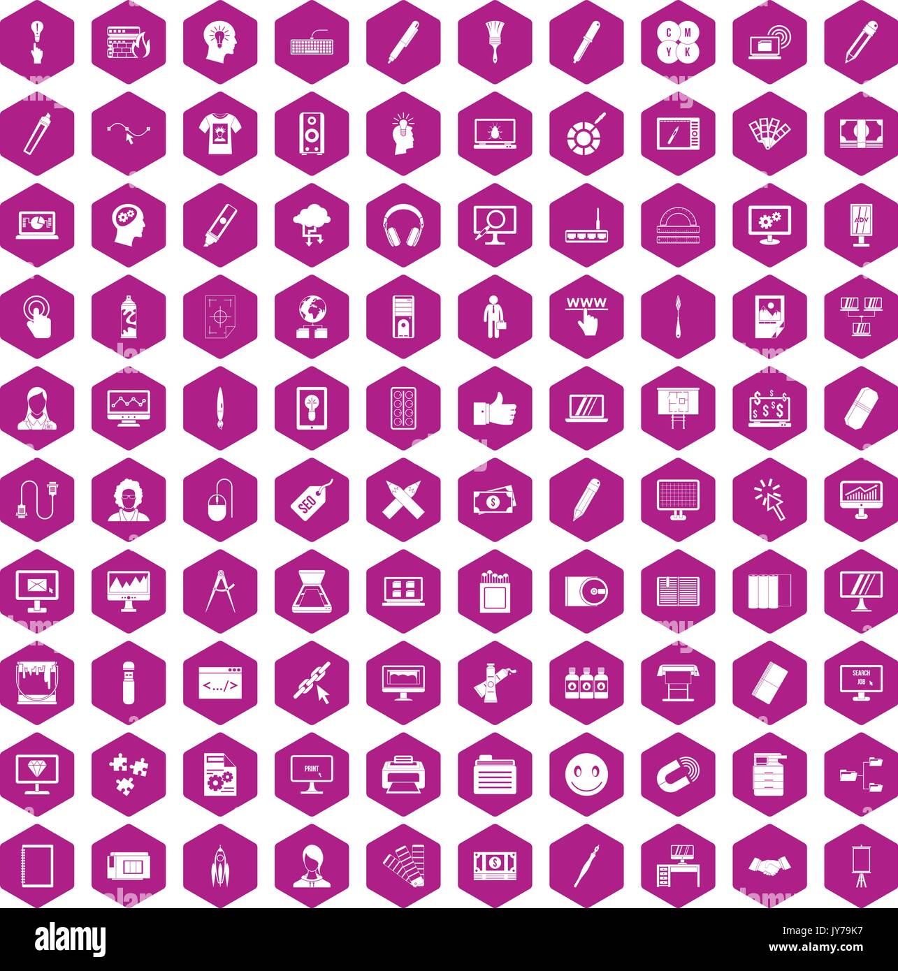100 webdesign icons hexagon violet Stock Vector