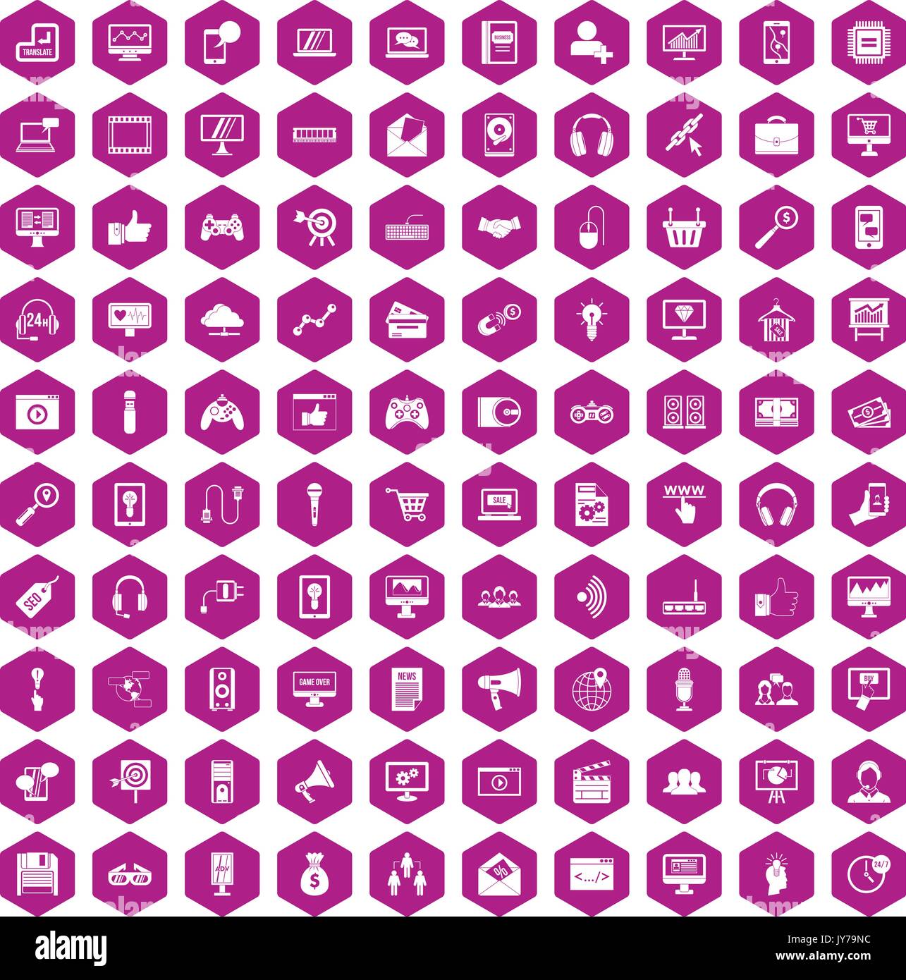 100 web and mobile icons hexagon violet Stock Vector
