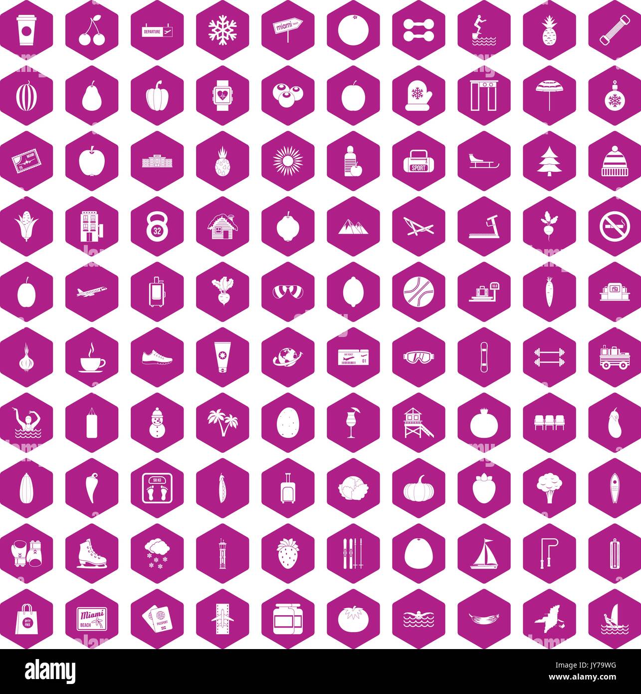 100 wellness icons hexagon violet Stock Vector