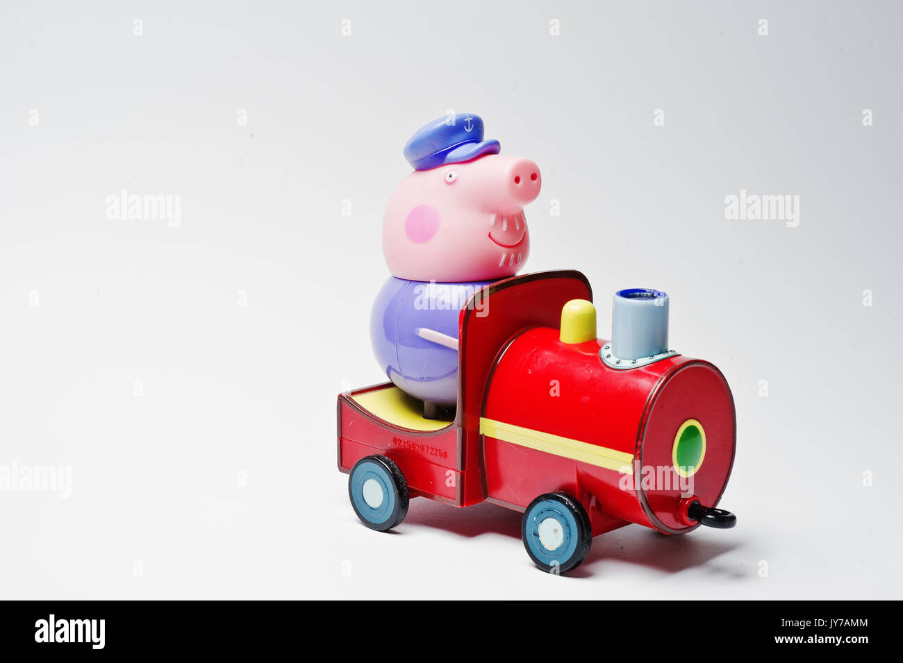 Hai, Ukraine - August 10, 2017: toy character on a train from famous cartoon Peppa Pig. Stock Photo