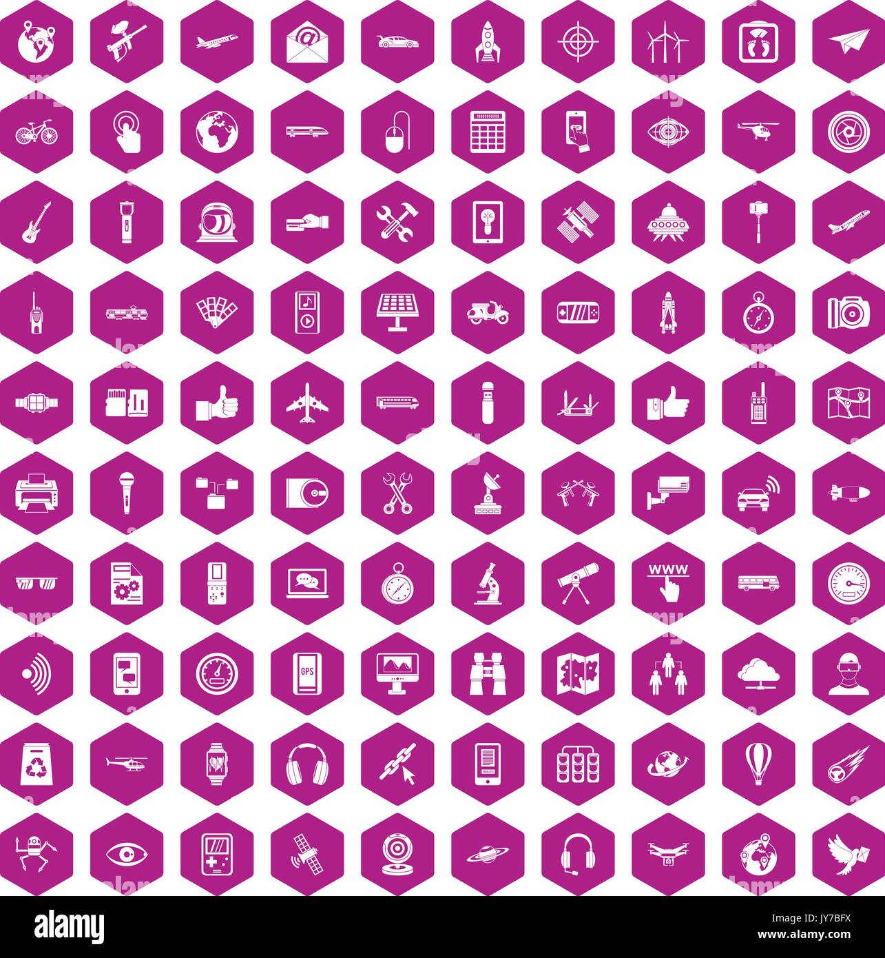 100 wireless technology icons hexagon violet Stock Vector