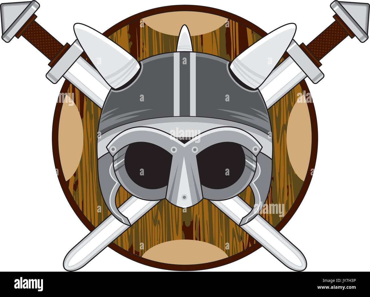 Cartoon Norse Viking Warriors Helmet with Shield and Crossed Sword s