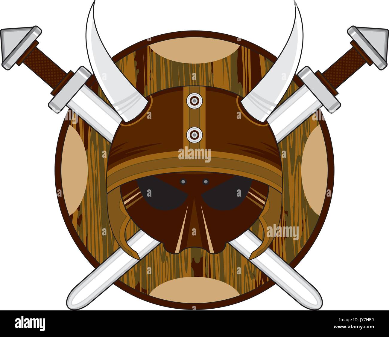 Cartoon Norse Viking Warrior Helmet with Shields and Crossed Swords Illustration Stock Vector