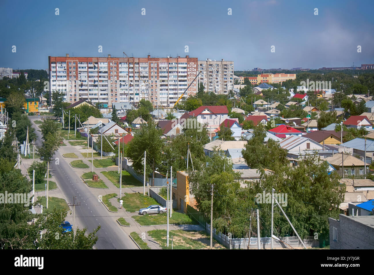 Kazakhstan, Pavlodar - July 24, 2016: City Pavlodar in Northern Kazakhstan 2016. Sector of private houses and apartment buildings quarter. Main area o Stock Photo