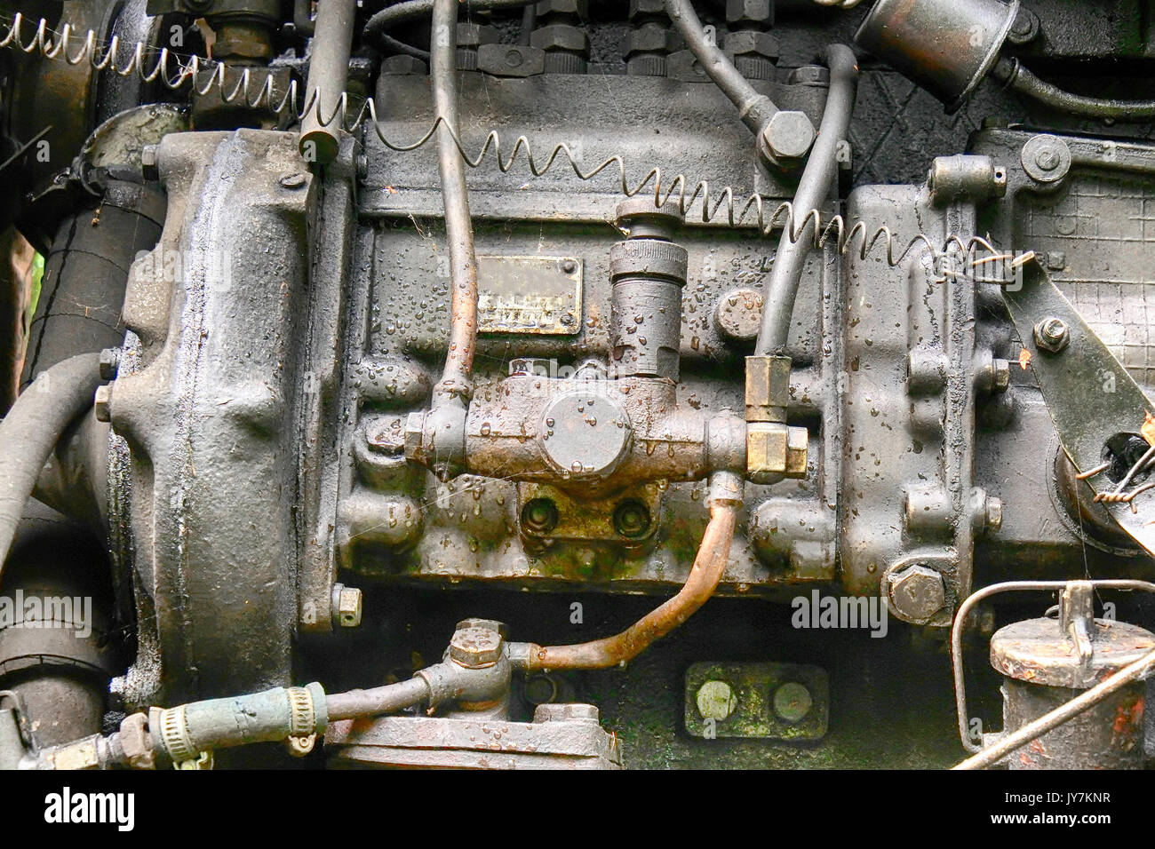 Powerful mechanism - view of engine of caterpillar with pipelines Stock ...