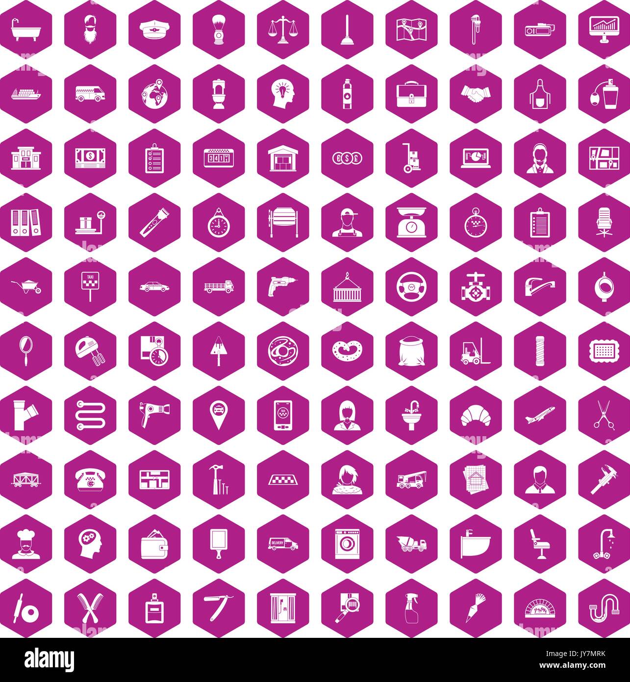 100 work icons hexagon violet Stock Vector
