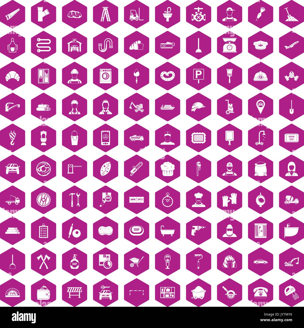 100 working professions icons hexagon violet Stock Vector