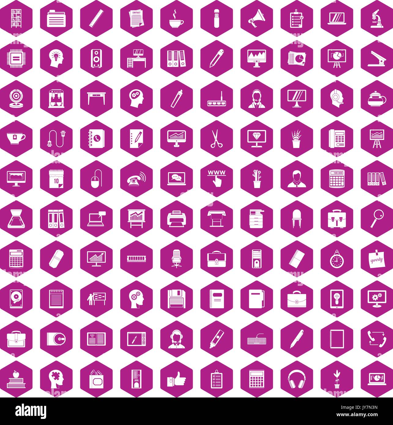 100 work space icons hexagon violet Stock Vector