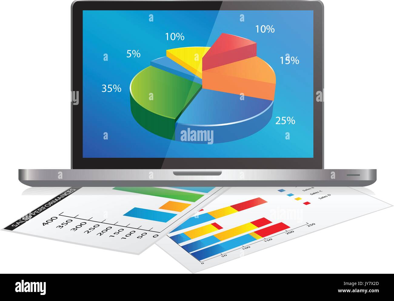Laptop with Graph Chart and a paper with statistic charts. Concept for business, graph statistics, data analysis, financial research report, market st Stock Vector