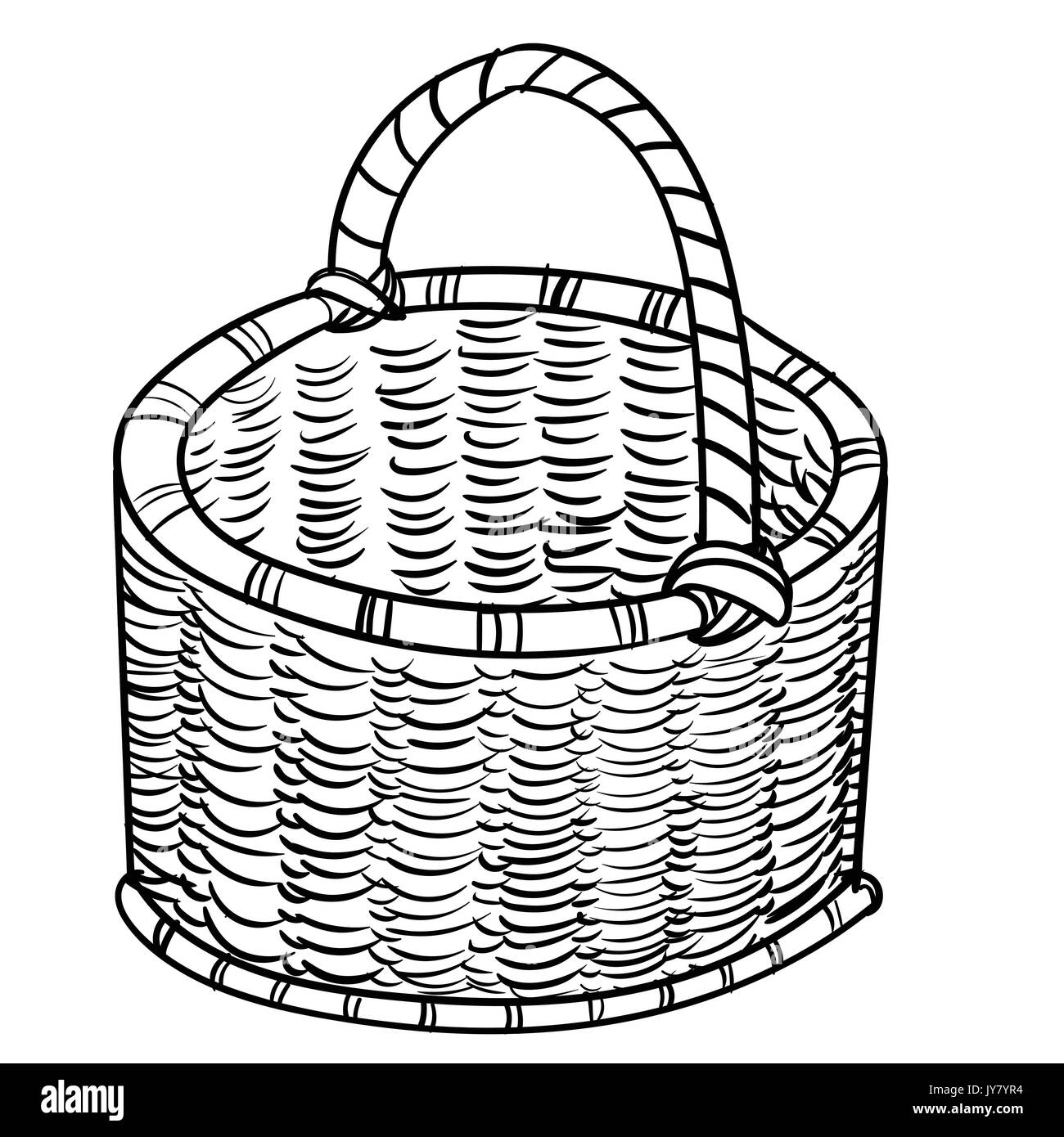 Hand drawn sketch of Wicker baskets isolated, Black and White Cartoon Vector Illustration for Coloring Book - Line Drawn Vector Stock Vector