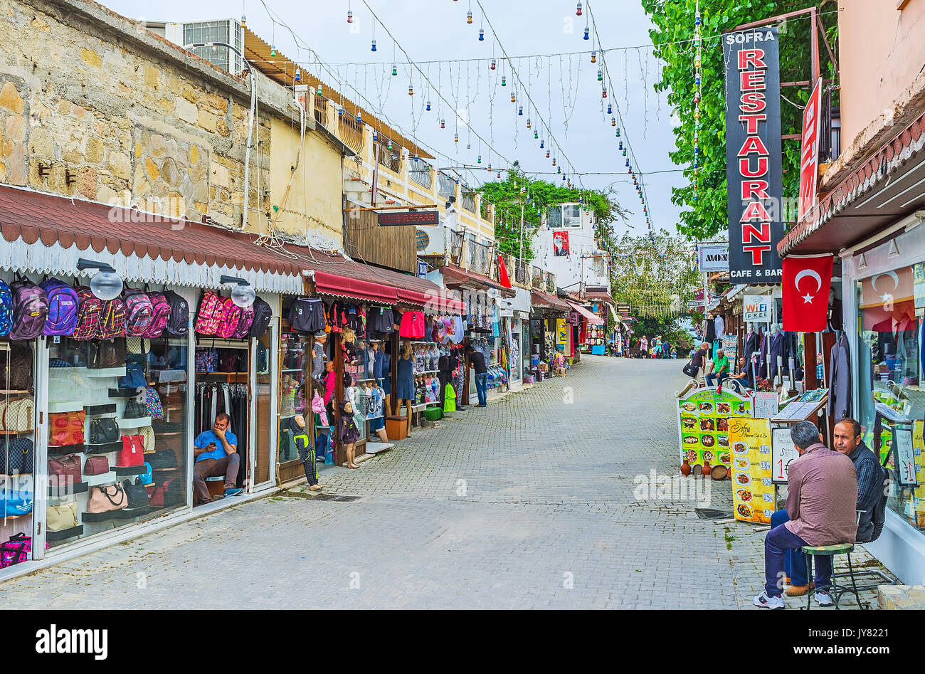 SIDE, TURKEY - MAY 8, 2017: The tourist market is important part of the Turkish cities and towns, even small resorts boasts large and interesting baza Stock Photo