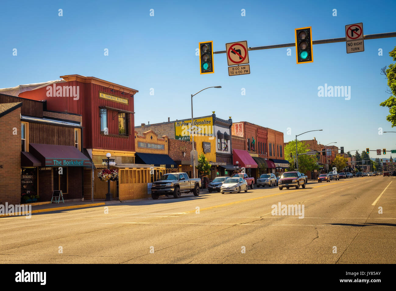 Scenic street view with shops and restaurants in Kalispell. Stock Photo