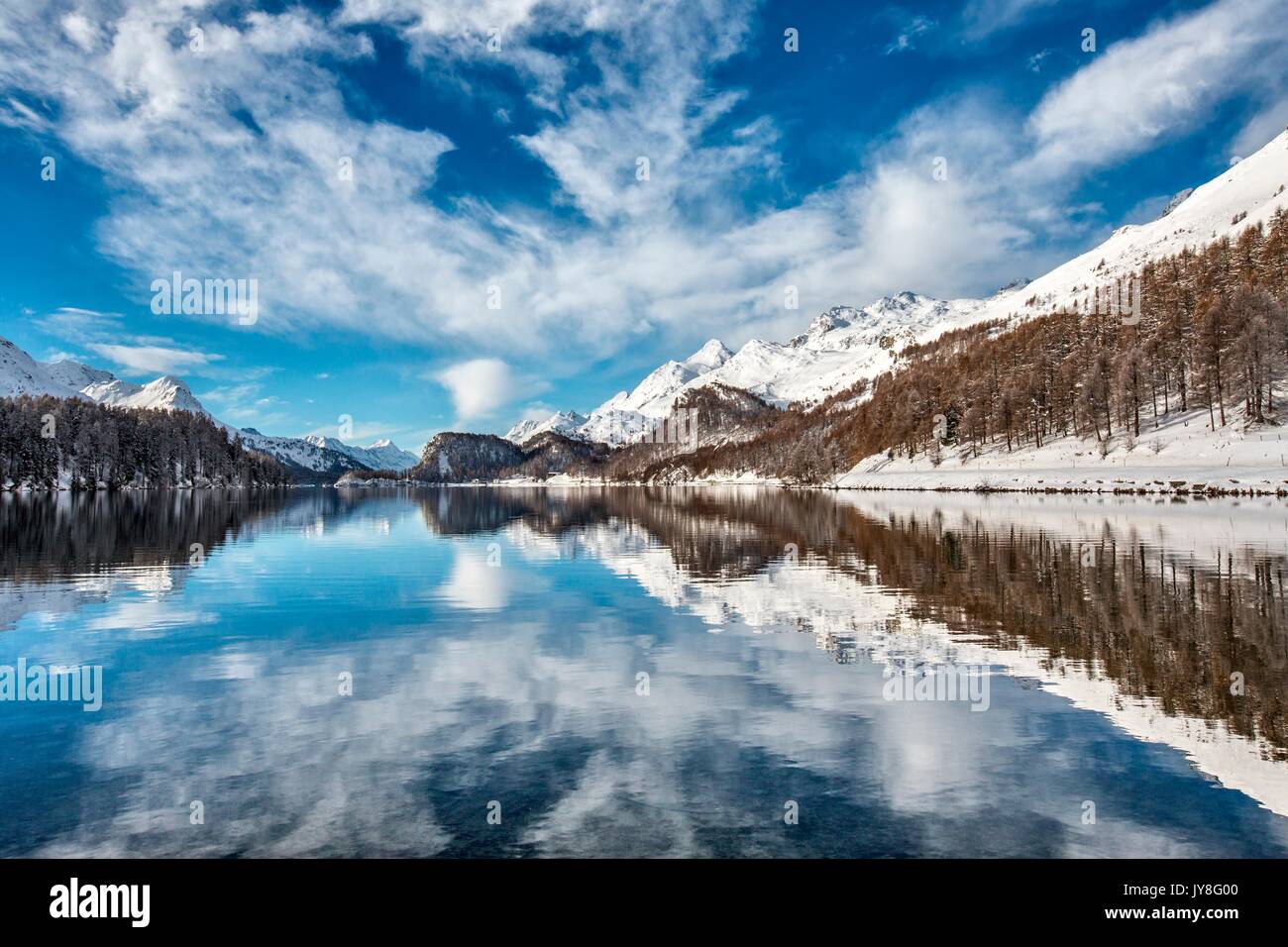 Winter reflection at Lake Sils, Engadine, Switzerland Stock Photo