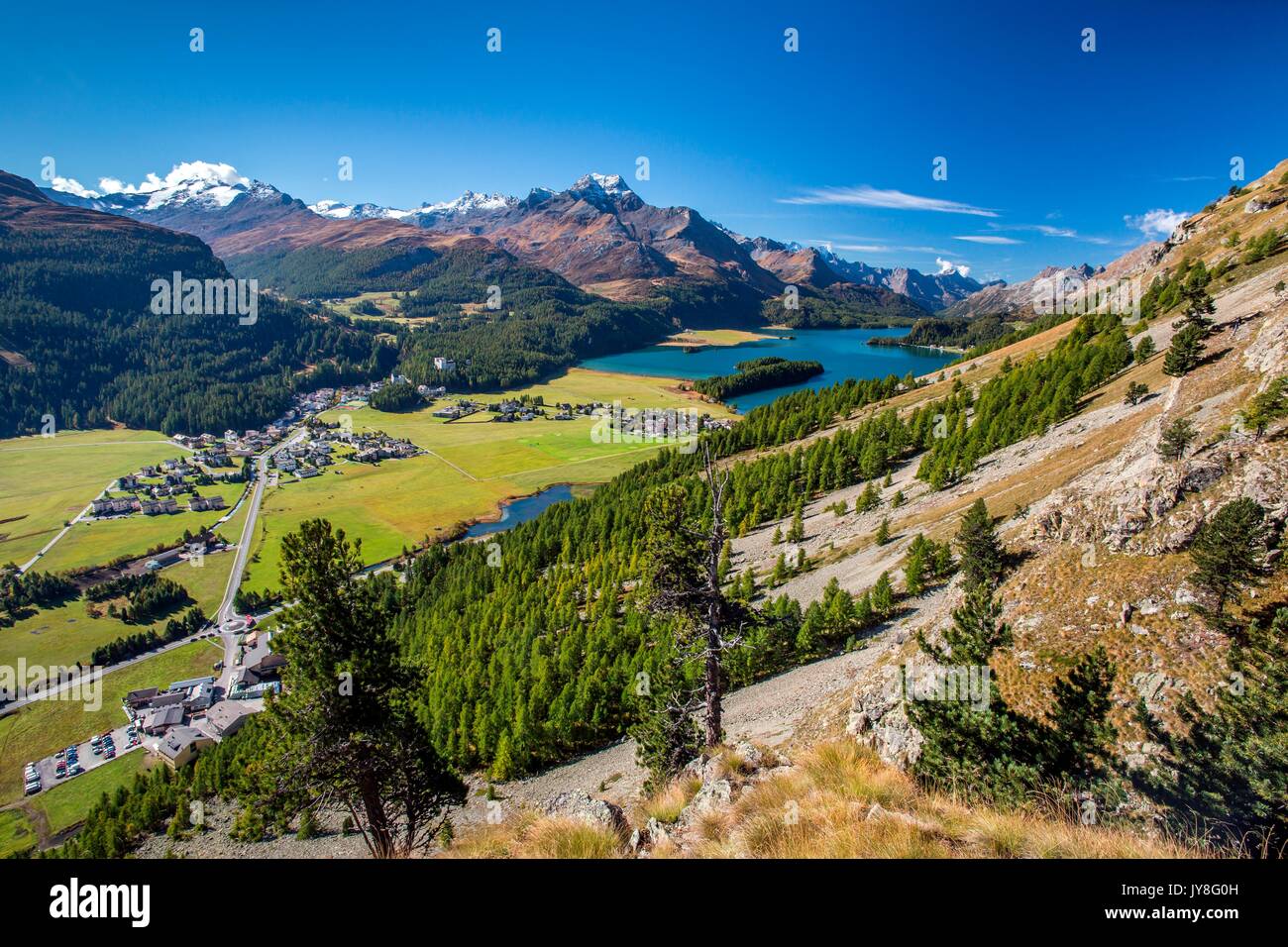 Panoramic view of the village of Sils and its wide lake in Engadine, Switzerland, Europe Stock Photo